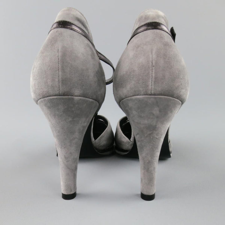 SONIA RYKIEL Size 10 Grey & Purple Suede T-strap Pumps Heels
