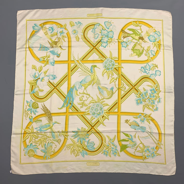 Vintage Caraibes HERMES Yellow & White Bird Print Silk Scarf