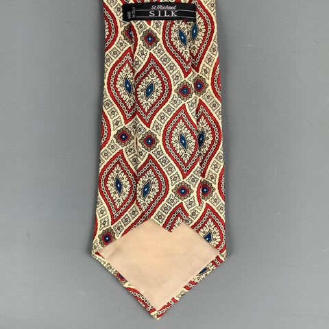 ST MICHAEL Cream Red Print Silk Tie