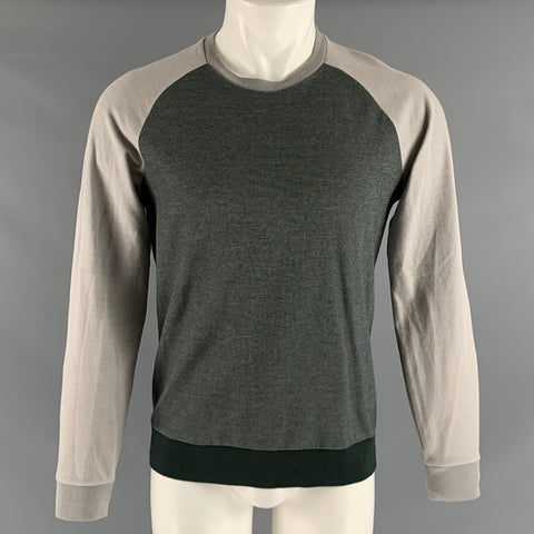 THEORY Size M Grey Green Color Block Cotton  Polyester Crew-Neck Pullover