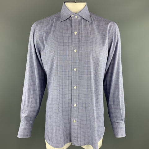 TOM FORD Size XL Navy Glenplaid Cotton Button Up Long Sleeve Shirt