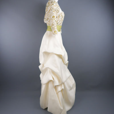 MONIQUE LHUILLIER Size 10 Cream Gold Green Lace Bodice Bolero Gown