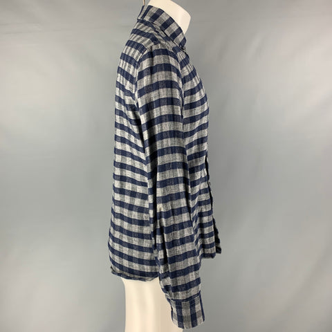 HOMECORE Size M Navy &  Gray Checkered Linen Blend Long Sleeve Shirt