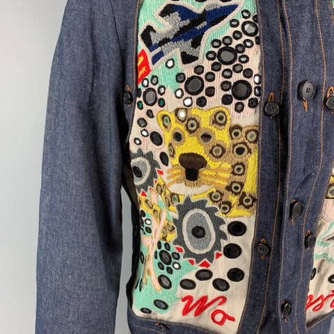 WALTER VAN BEIRENDONCK FW 16 Woest Collection Size XS Indigo Multi-Color Embroidered Cotton Reversible Frame Jacket