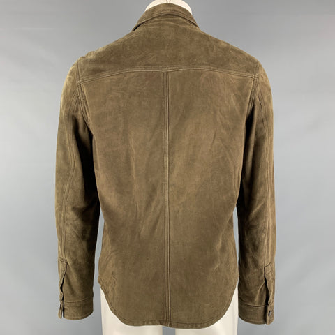 ISAIA Size 40 Olive Textured Leather Patch Pockets Long Sleeve Shirt