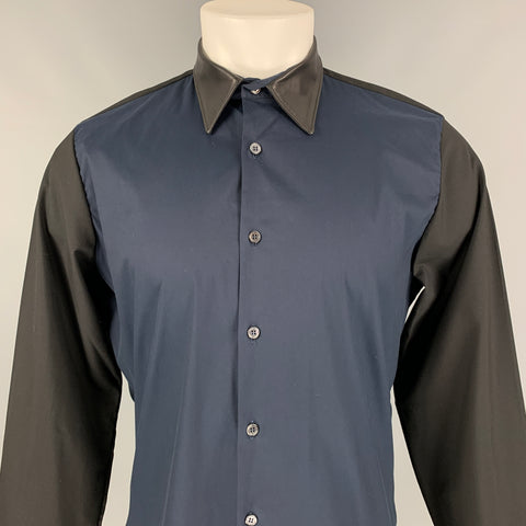 PRADA Taille M Marine &amp; Noir Color Block Coton Mélange Tissus Mélangés Chemise À Manches Longues