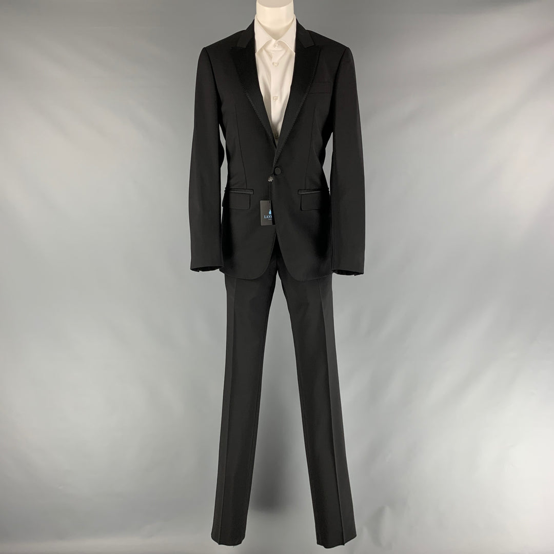 LANVIN Size 34 Black Solid Wool  Mohair Peak Lapel Tuxedo