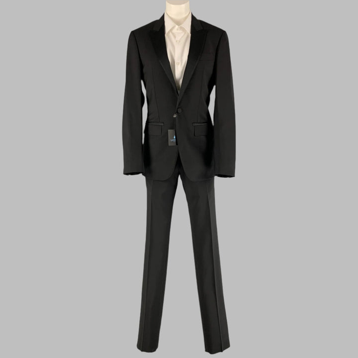 LANVIN Size 34 Black Solid Wool  Mohair Peak Lapel Tuxedo