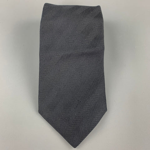 ERMENEGILDO ZEGNA Black on Black Diagonal Stripe Silk Tie