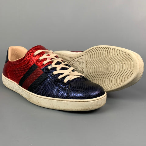 GUCCI Size 10.5 Red & Blue Metallic Snakeskin Low Top Ace Sneakers