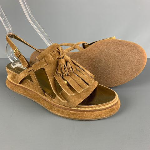 DRIES VAN NOTAN Talla 8.5 Sandalias de gladiador con flecos de ante dorado tostado