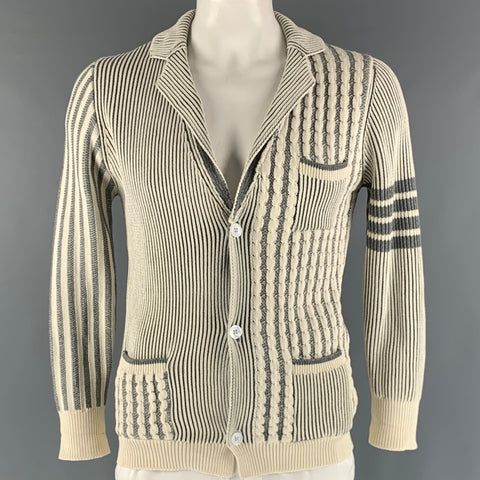 THOM BROWNE Size M/L Cream Grey Stripe Knit Button Up Cardigan