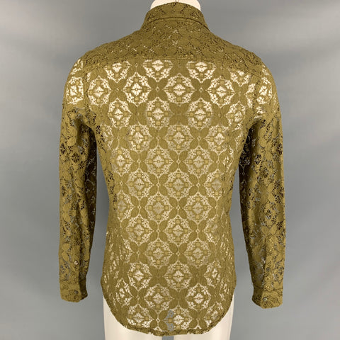 BURBERRY PRORSUM Spring 2016 Size M Moss Green Floral Lace Button Down Long Sleeve Shirt