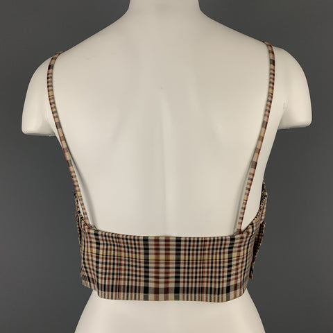 DEVEAUX New York Talla 8 Top bralette de concha de algodón a cuadros beige y burdeos