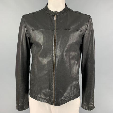 VINCE Chaqueta sin cuello de cuero negra talla L