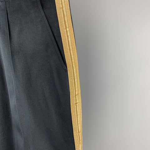PALM ANGELS Size 32 Navy Cotton Gold Ribbon Stripe Button Fly Pleated Dress Pants