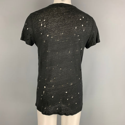 IRO Size S Black Distressed Linen Crew-Neck T-shirt