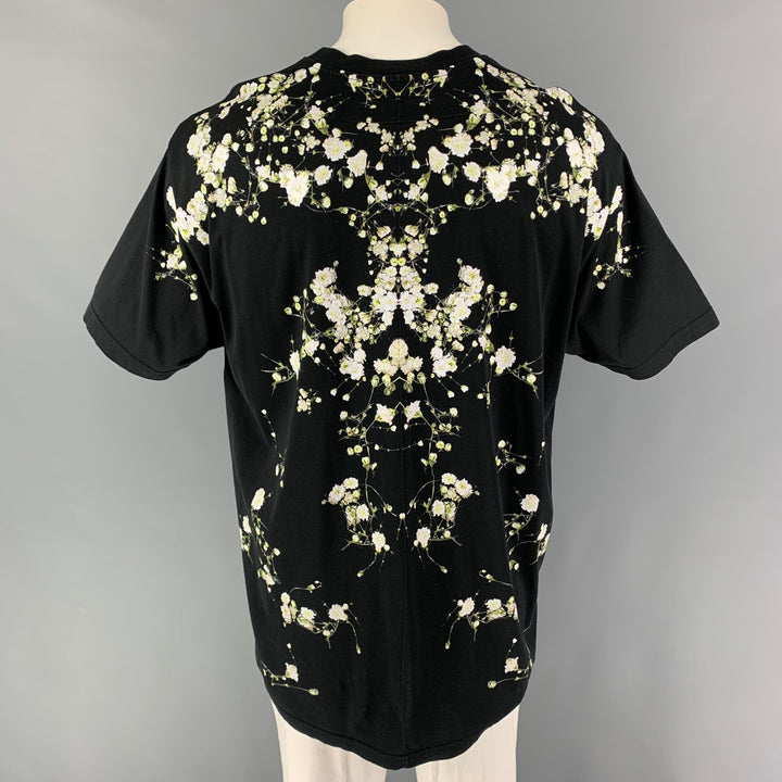 GIVENCHY SS 15 Size L Black White Floral Cotton Crew-Neck T-shirt