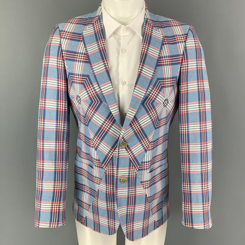 WALTER VAN BEIRENDONCK Spring 2017 Size 38 Blue White & Red Plaid Cotton Sport Coat