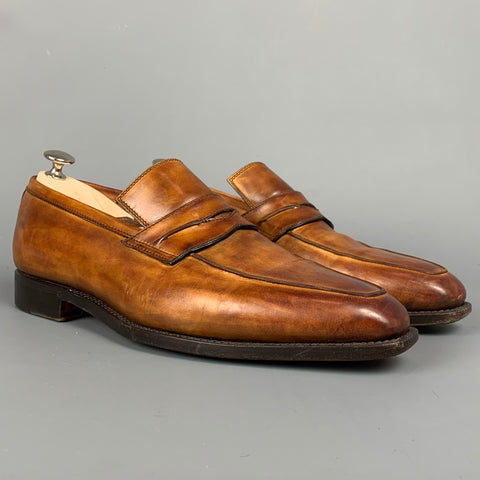 BONTONI Size 10 Tan Burnished Leather Penny Loafers