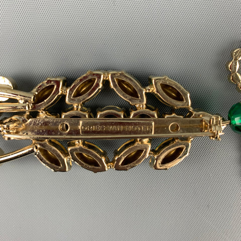 DRIES VAN NOTEN All Too Human Green & Gold Rhinestones Feathers Brooch