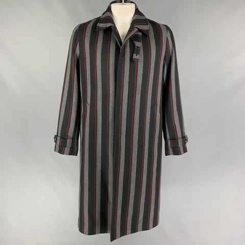 TODD SNYDER x PRIVATE WHITE V.C. Size L Black Grey Burgundy Stripe Wool Blend Coat