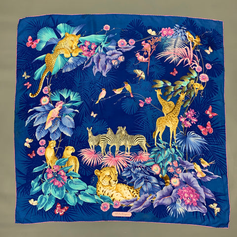 SALVATORE FERRAGAMO Blue & Lavender Print Silk Large Scarf