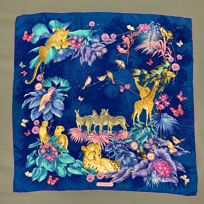 SALVATORE FERRAGAMO Blue & Lavender Print Silk Large Scarf