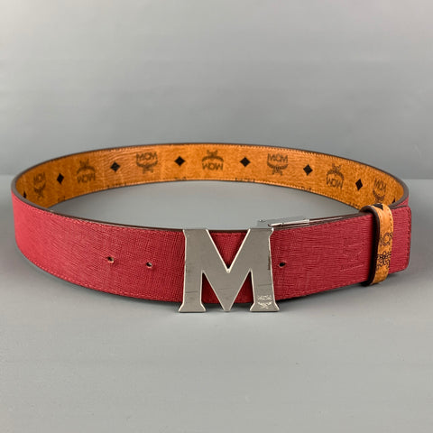 MCM Size L Tan Black Burgundy Monogram Leather Reversible Belt