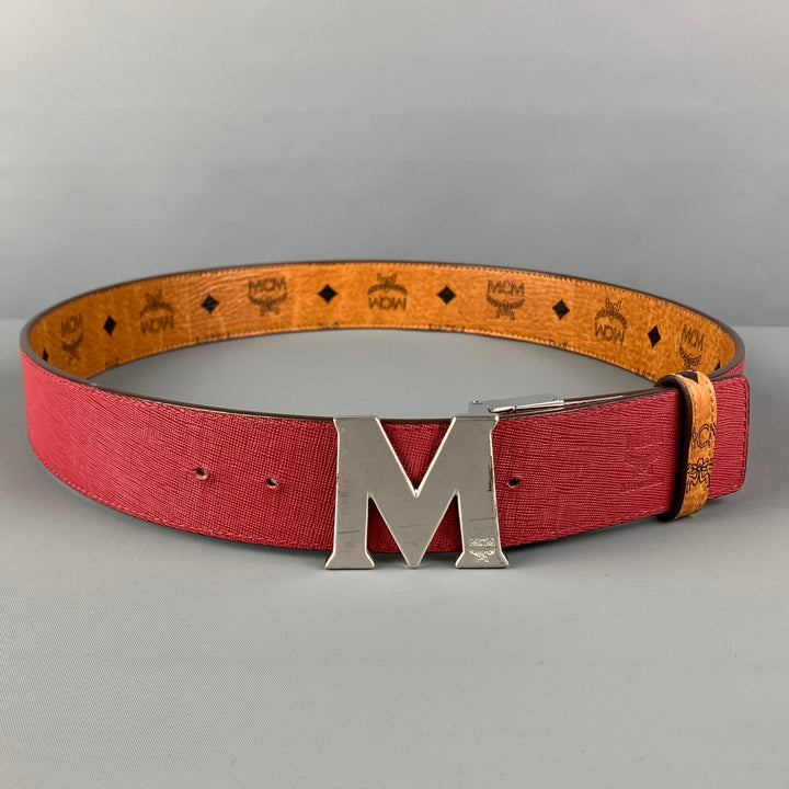 MCM Size L Tan Black Burgundy Monogram Leather Reversible Belt