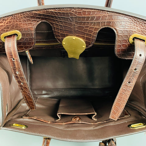 RALPH LAUREN Brown Olive Mixed Materials Alligator Nylon Handbag