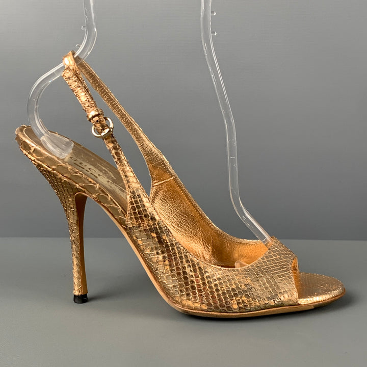 GUCCI Size 7 Gold Snake Skin Leather Slingback Heel Sandals