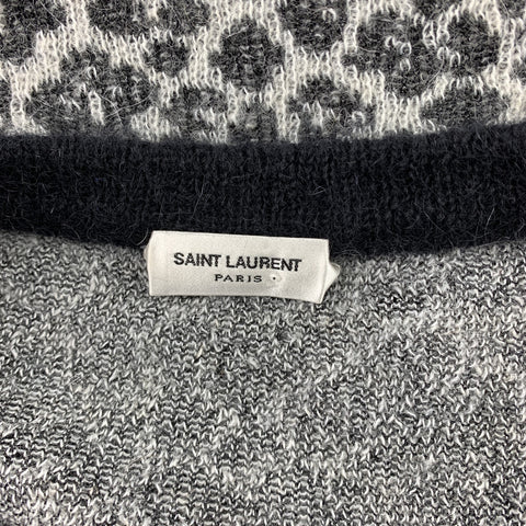 SAINT LAURENT Size L Black & White Leopard Print Mohair Blend Crew-Neck Sweater