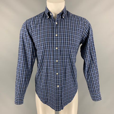 BARNEY'S NEW YORK Camisa de manga larga con botones de algodón a cuadros azul marino talla S