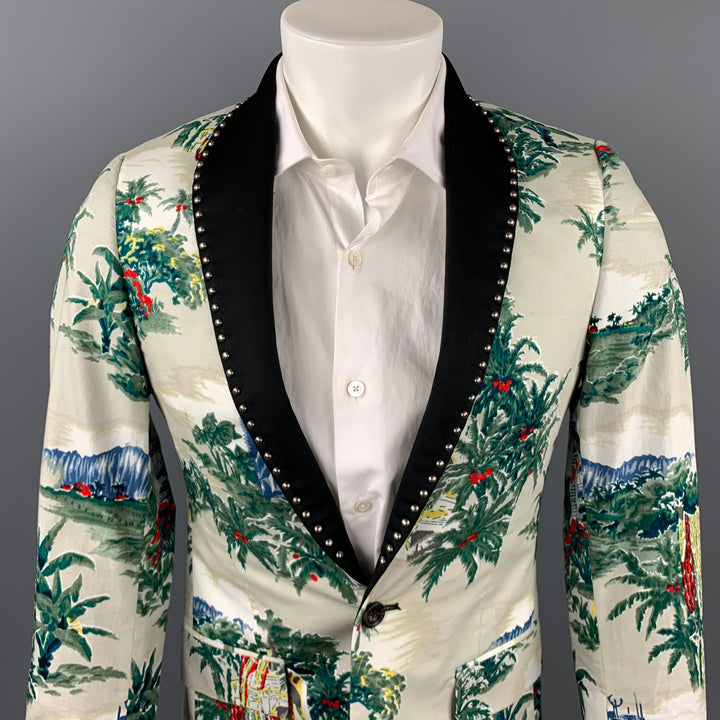 R13 Ivory Print Silk / Cotton Studded Shawl Collar Sport Coat