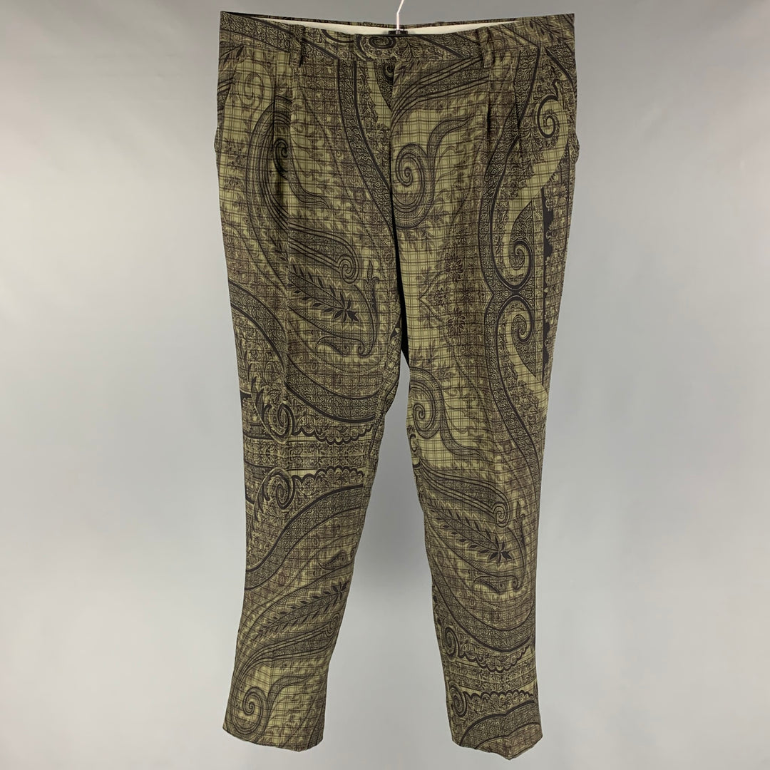 ETRO Size 36 Olive Black Silk Flat Front Casual Pants