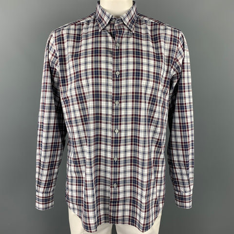 ERMENEGILDO ZEGNA Size XL White & Navy  Plaid Cotton Long Sleeve Shirt