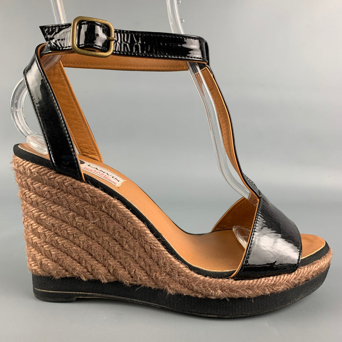 LANVIN Size 8 Black & Tan Patent Leather Espadrille Wedge Sandals