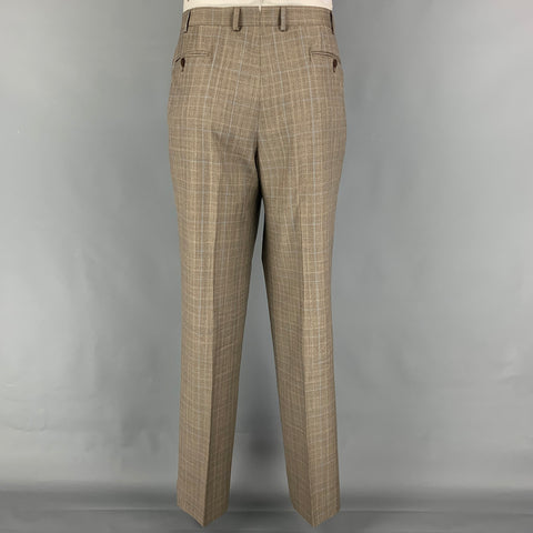 ISAIA Size 48 Long Taupe Plaid Wool Notch Lapel Suit