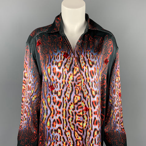 JUST CAVALLI Camisa Botones Ocultos Seda Estampada Negra y Roja Talla XL