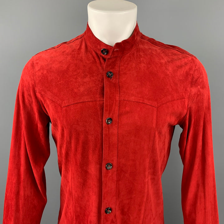 JIL SANDER Size XS Red Suede Nehru Collar Long Sleeve Shirt