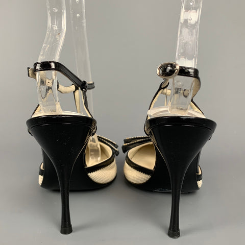 CASADEI Size 5.5 Cream Linen Color Block T-Strap Pumps
