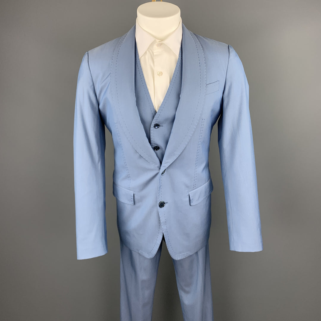 DOLCE & GABBANA Size 36 Regular Light Blue Wool / Silk Shawl Lapel Suit