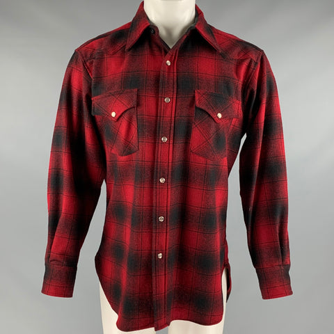 PENDLETON Size M Red Black Plaid Virgin Wool Western Long Sleeve Shirt