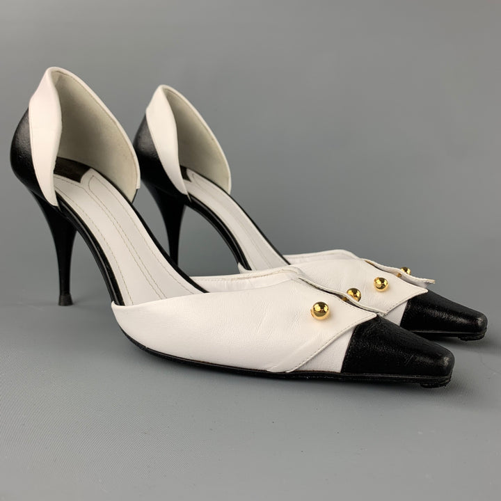 CHANEL Size 10 White & Black Two Toned Leather D'Orsay Pumps