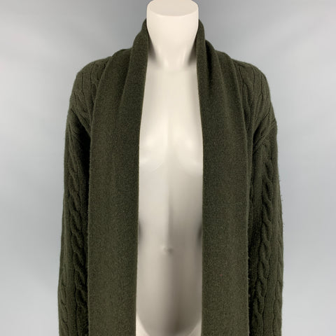 RALPH LAUREN Black Label Talla S Cárdigan con cuello chal de cachemira y punto trenzado en verde bosque