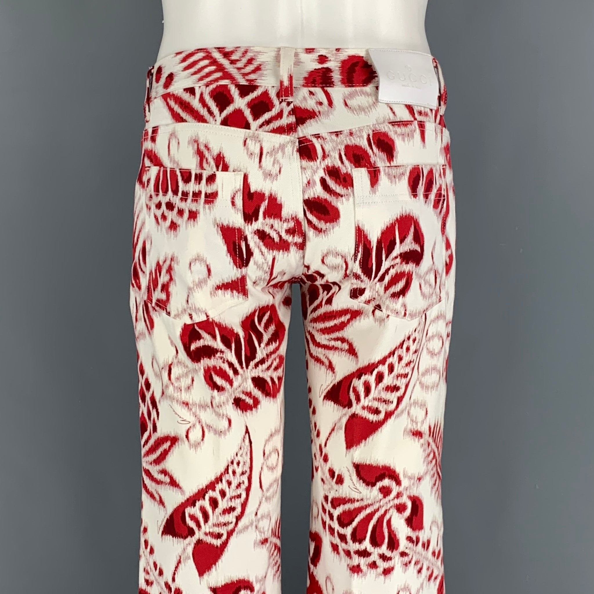 GUCCI★素敵！White Cotton W/ Red Interlocking GG Jeans Gucci GG canvas-trimmed jeans Gucci