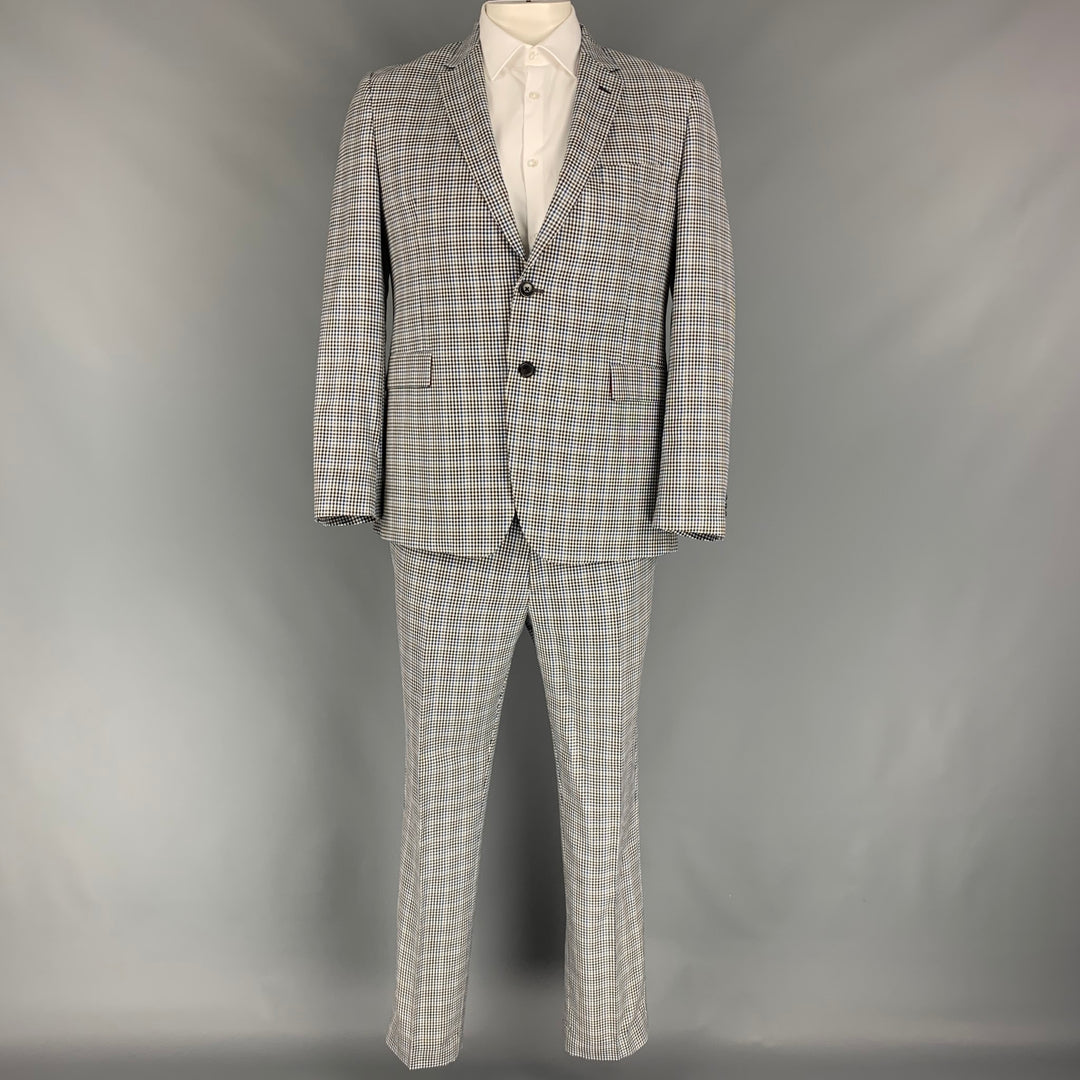 PAUL SMITH Kensington Fit Size 42 White & Blue Gingham Wool / Silk Notch Lapel Suit