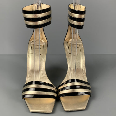 ROGER VIVIER Size 7.5 Black Gold Stripe Patent Leather Wedge Sandals