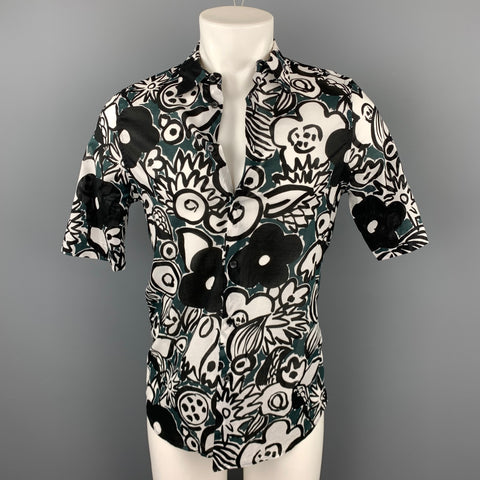 MARNI Size S White & Black Print Cotton Button Up Short Sleeve Shirt